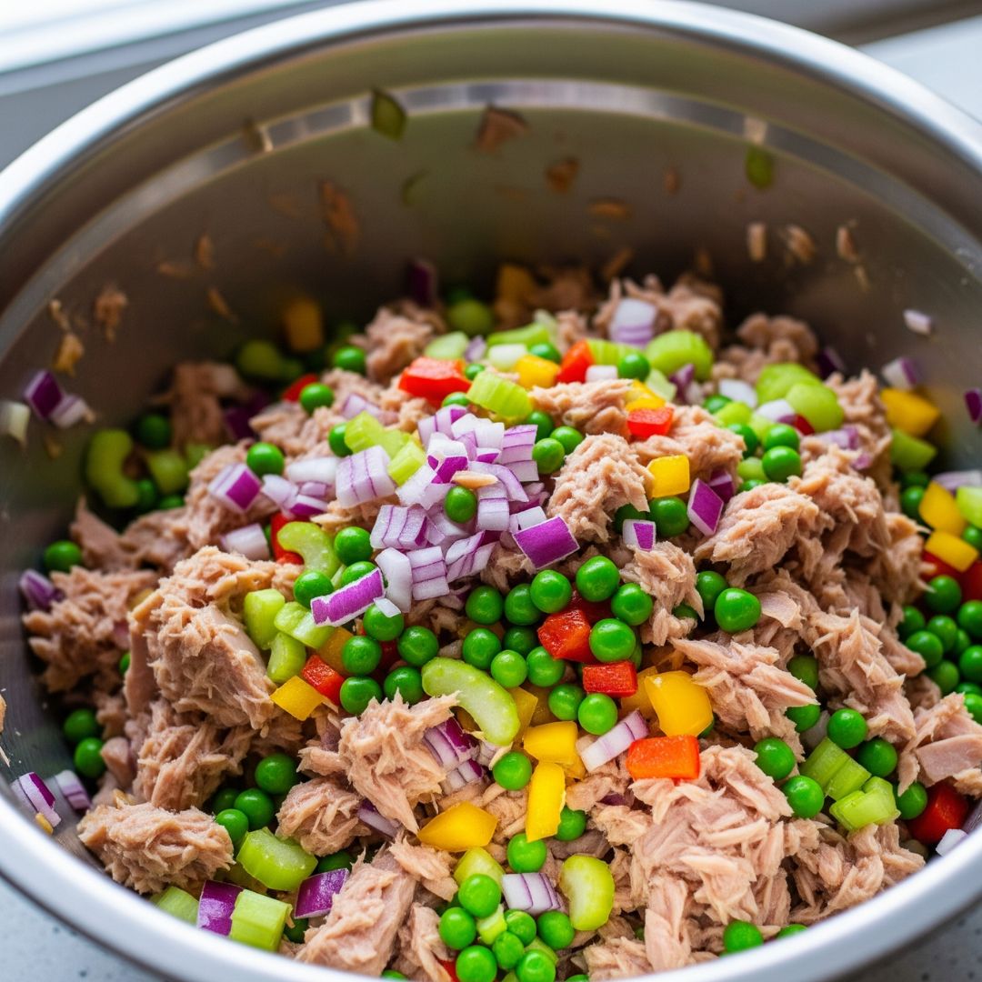 Creamy, Healthy and Easy Tuna Pasta Salad Recipe 9 Flaked tuna and chopped vegetables in a bowl