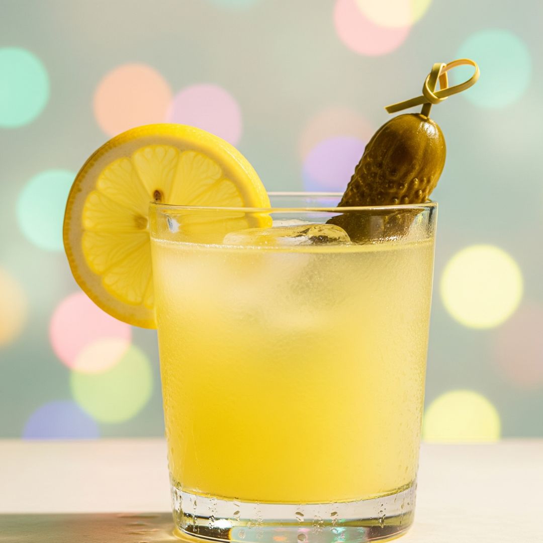 Pickle Lemonade Recipe – A Refreshing, Tangy Drink You Didn't Know You Needed! 8 Refreshing glass of pickle lemonade garnished with lemon and pickle spear
