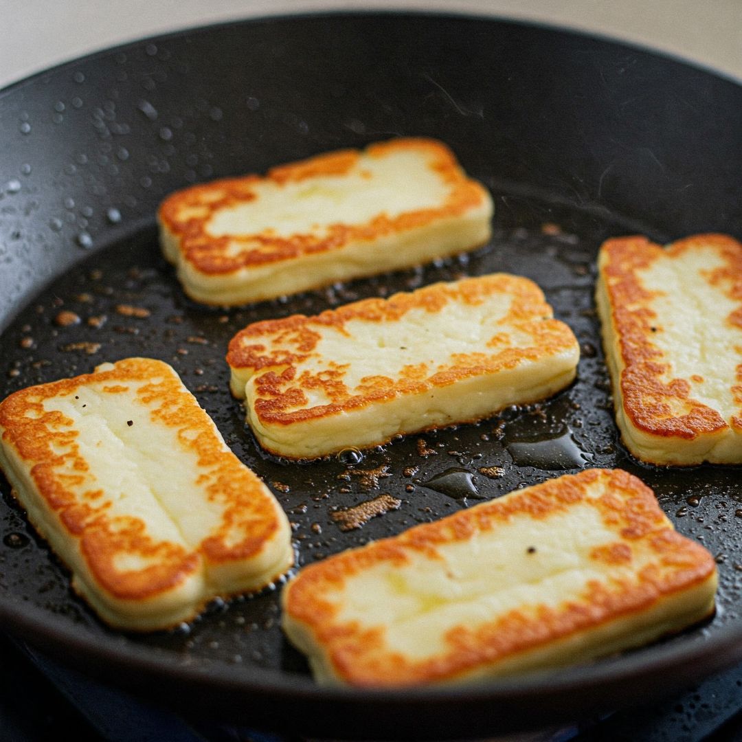 Best Crispy Halloumi With Tomatoes and White Beans (Easy Mediterranean Dinner) 6 Halloumi cheese frying in skillet until golden