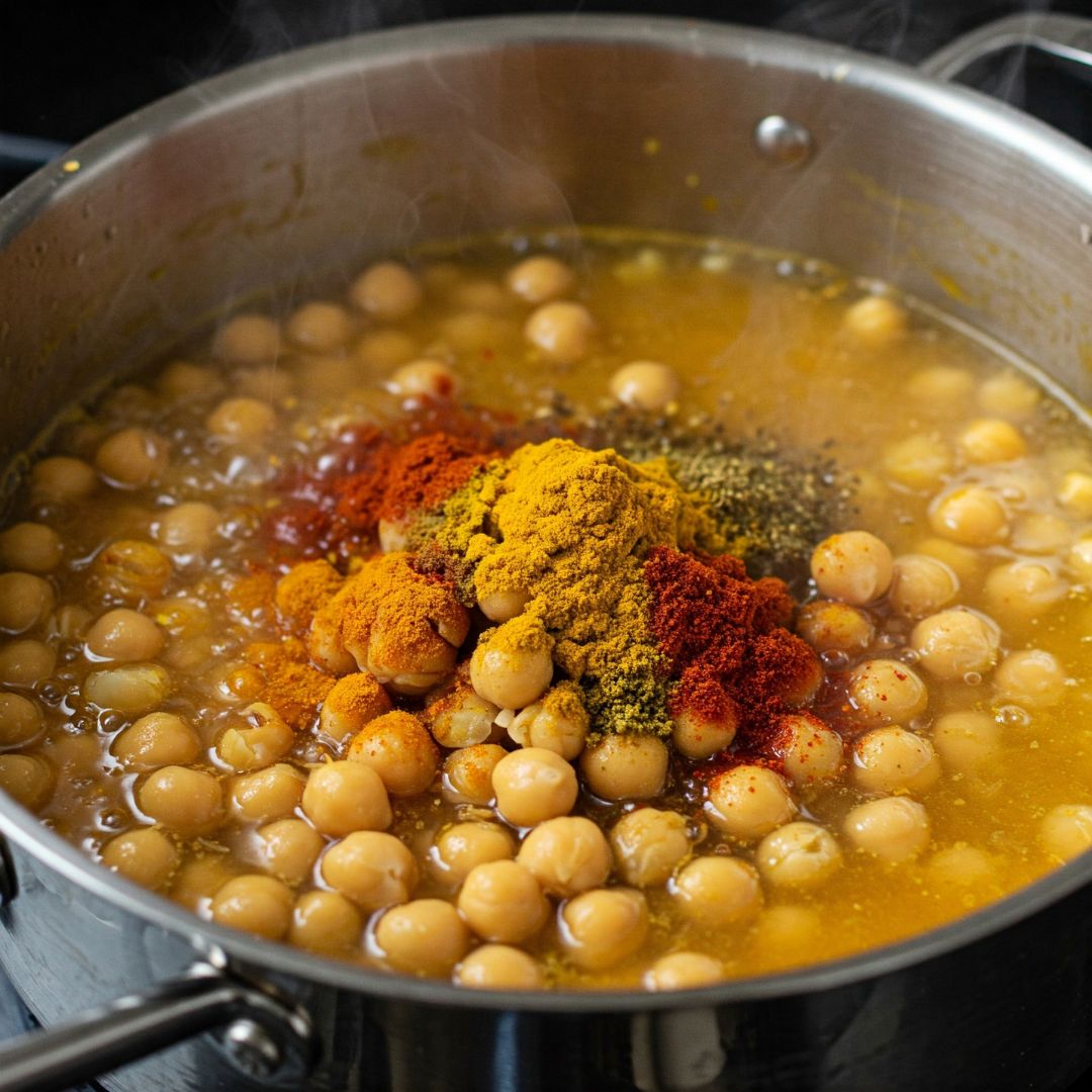 Easy Chickpea Noodle Soup Recipe (Easy + Vegan + One-Pot Meal) 12 Adding chickpeas and spices to vegan soup base