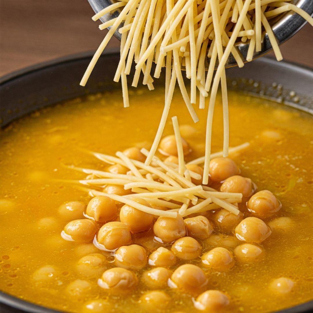 Easy Chickpea Noodle Soup Recipe (Easy + Vegan + One-Pot Meal) 14 Adding dry noodles into the chickpea soup