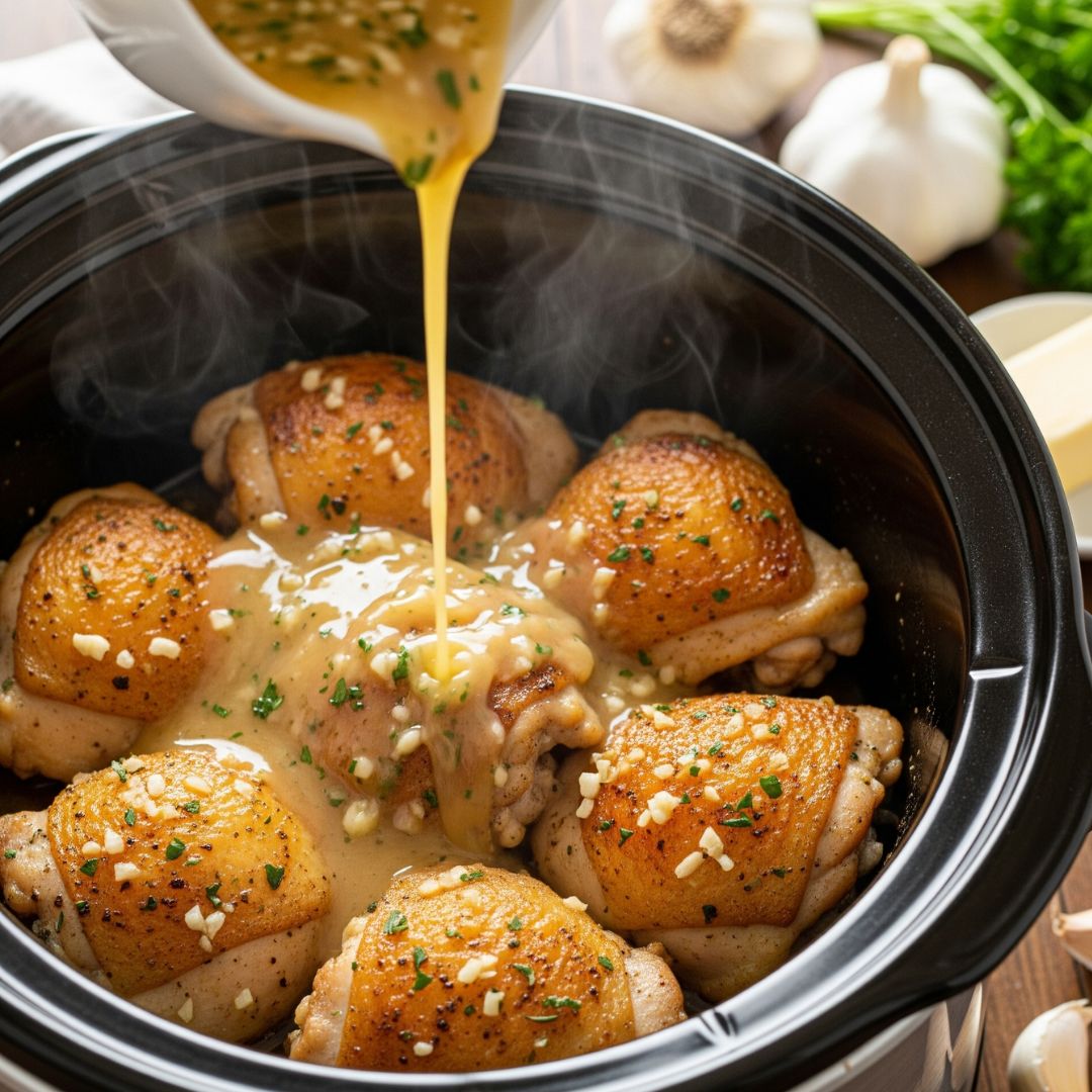 Easy Slow Cooker Garlic Butter Chicken Recipe 14 Chicken cooking in crockpot with garlic butter sauce
