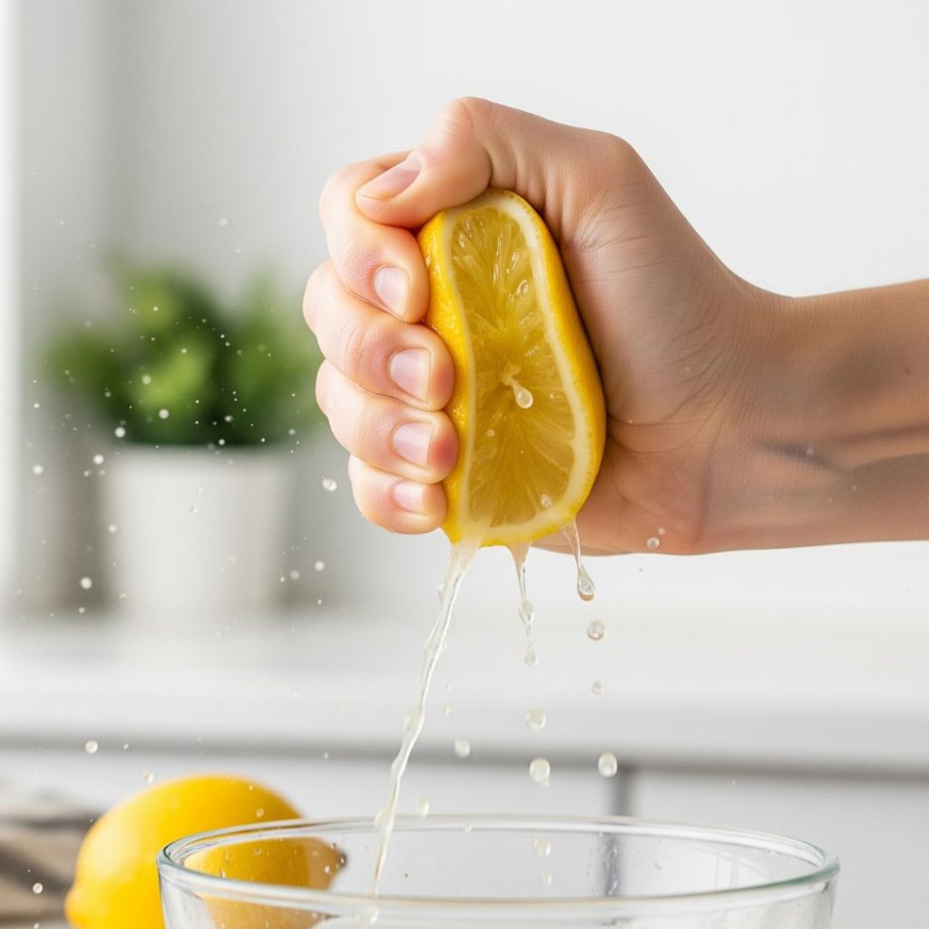 Pickle Lemonade Recipe – A Refreshing, Tangy Drink You Didn't Know You Needed! 9 Fresh lemon juice being squeezed for pickle lemonade