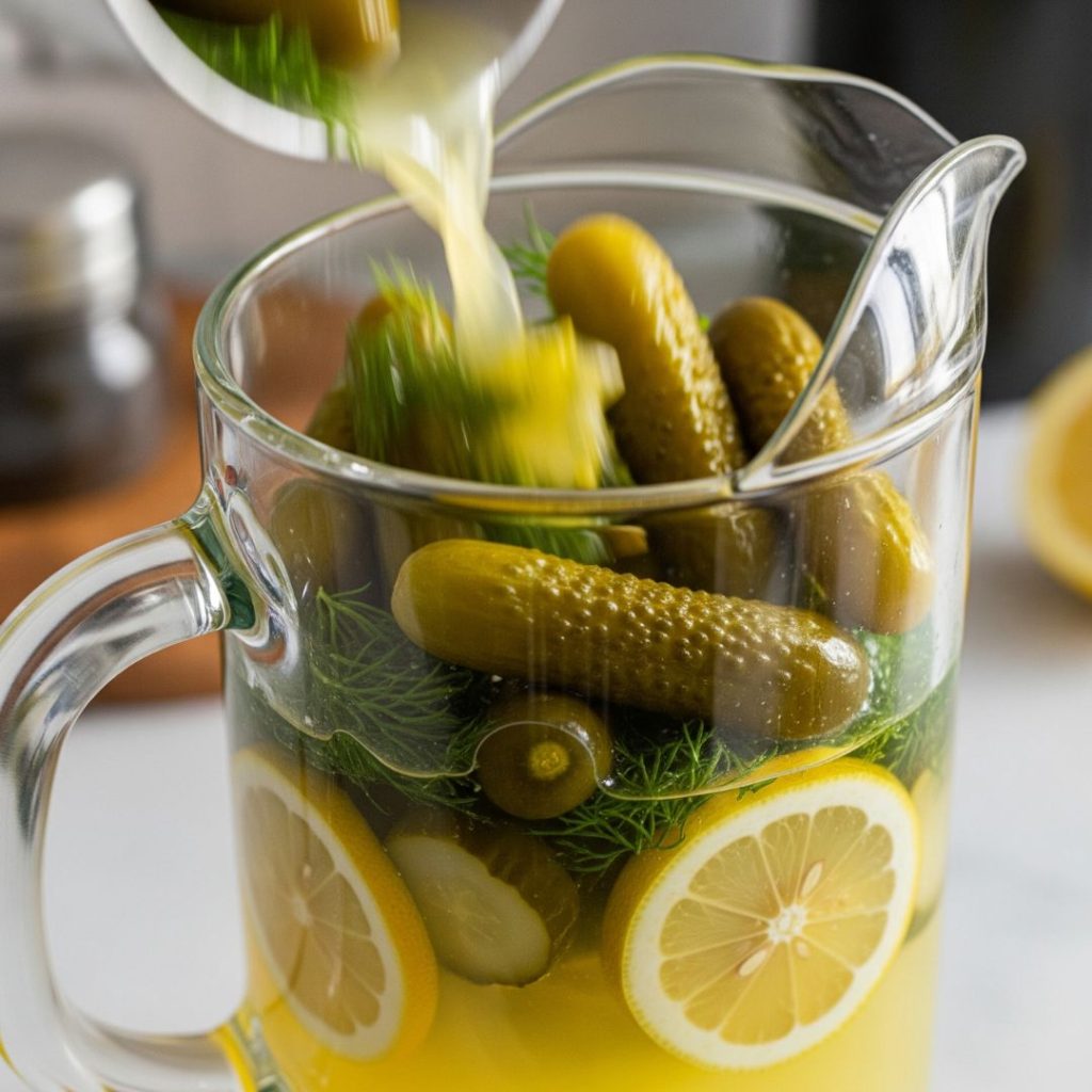 Pickle Lemonade Recipe – A Refreshing, Tangy Drink You Didn't Know You Needed! 10 Pickle lemonade ingredients being mixed in a pitcher