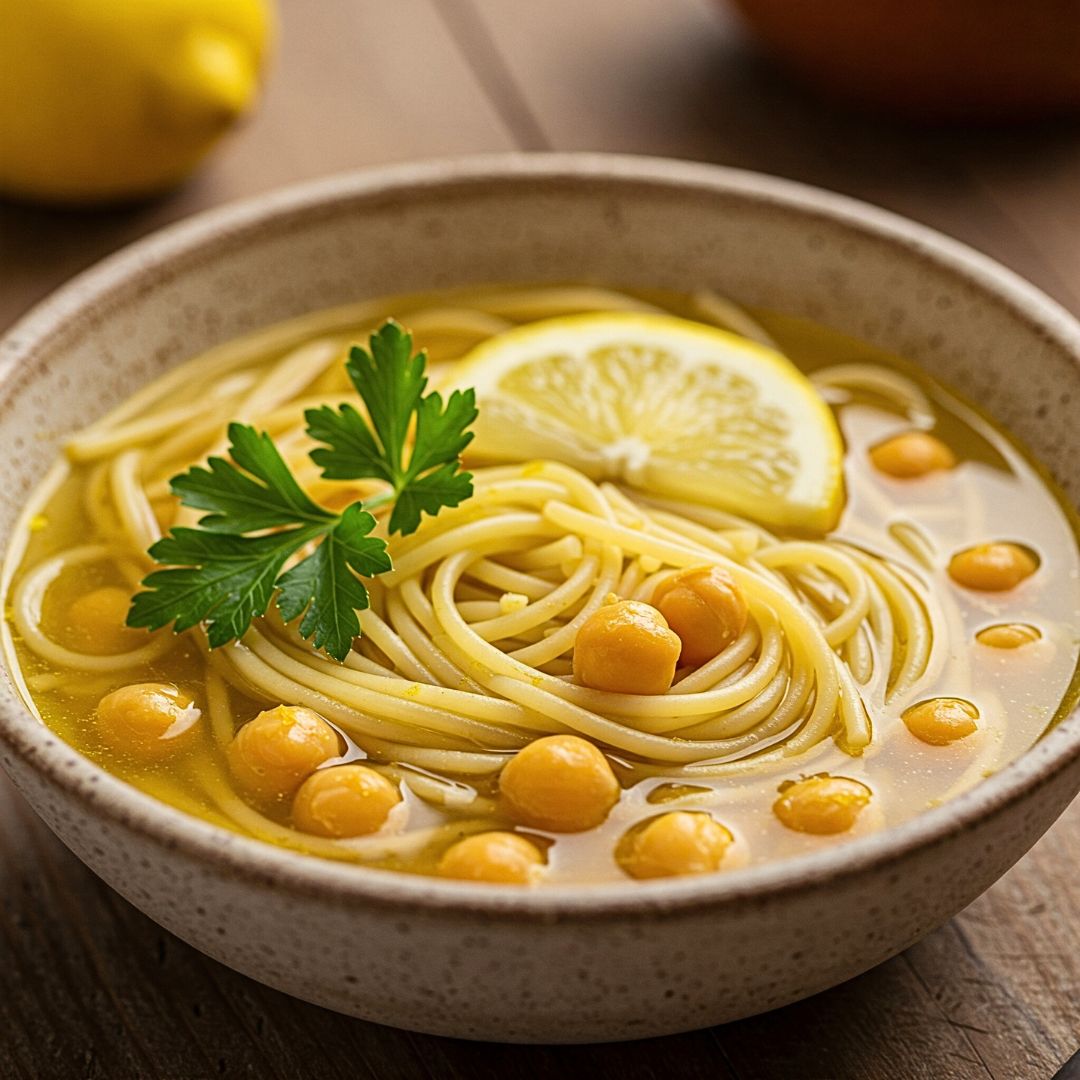 Easy Chickpea Noodle Soup Recipe (Easy + Vegan + One-Pot Meal) 16 Bowl of chickpea noodle soup with lemon and parsley garnish