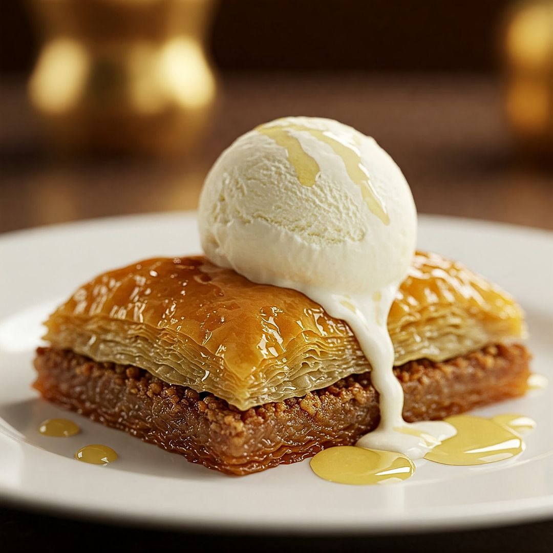 Best Baklava Recipe | Easy Homemade Traditional Baklava with Honey Syrup 14 Baklava with vanilla ice cream on a plate