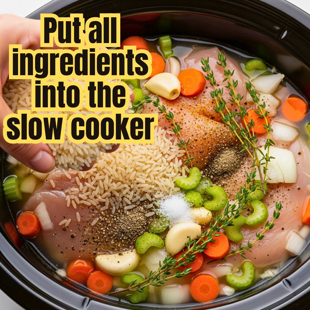 Easy & Comforting Slow Cooker Creamy Chicken and Rice Soup Recipe 12 Adding ingredients to slow cooker