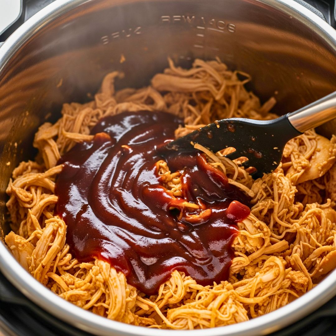 Instant Pot Pulled Chicken Recipe | Easy, Healthy & Perfect for Meal Prep 21 Mixing BBQ sauce with shredded chicken