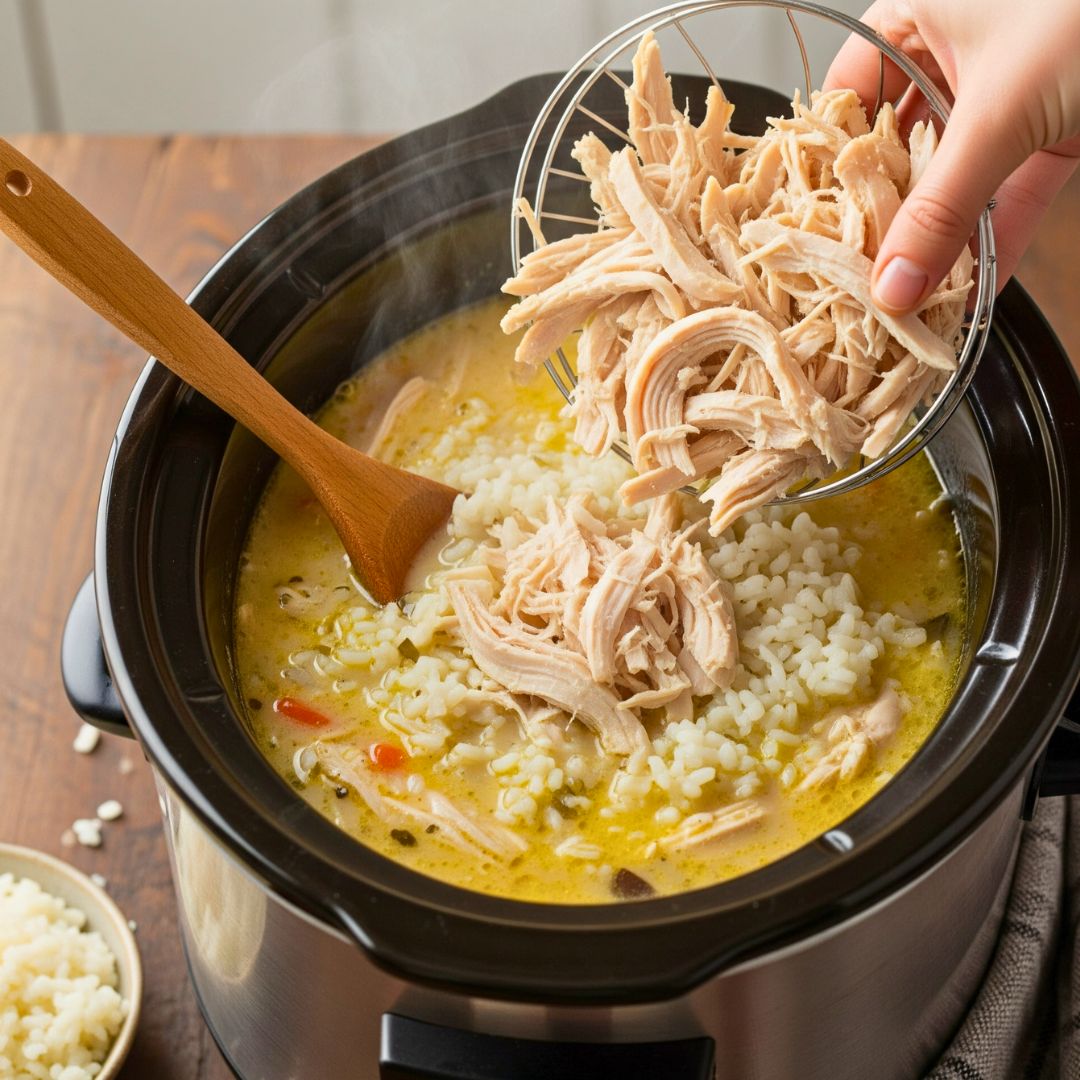 Easy & Comforting Slow Cooker Creamy Chicken and Rice Soup Recipe 14 Shredding chicken