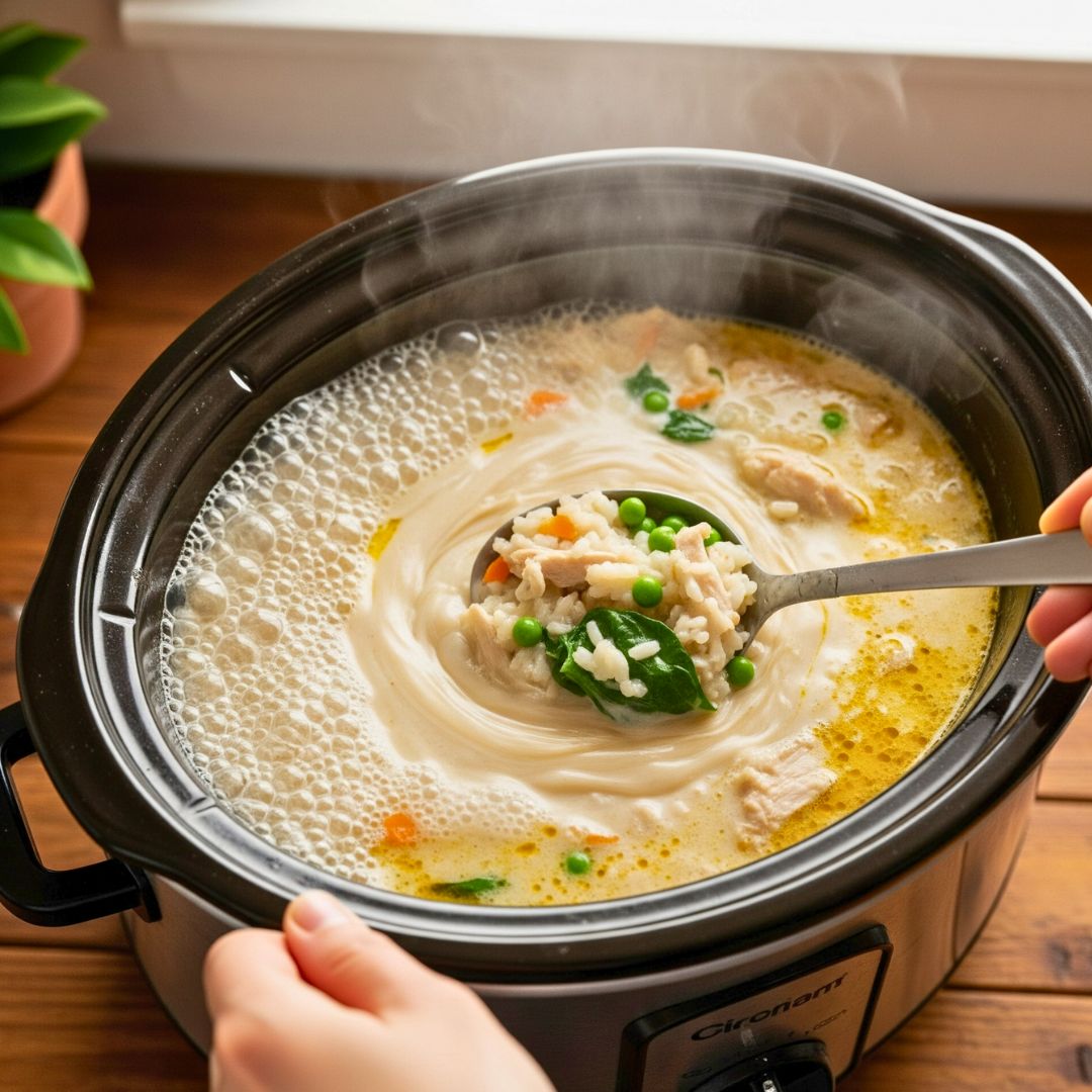 Easy & Comforting Slow Cooker Creamy Chicken and Rice Soup Recipe 16 Stirring in cream into soup
