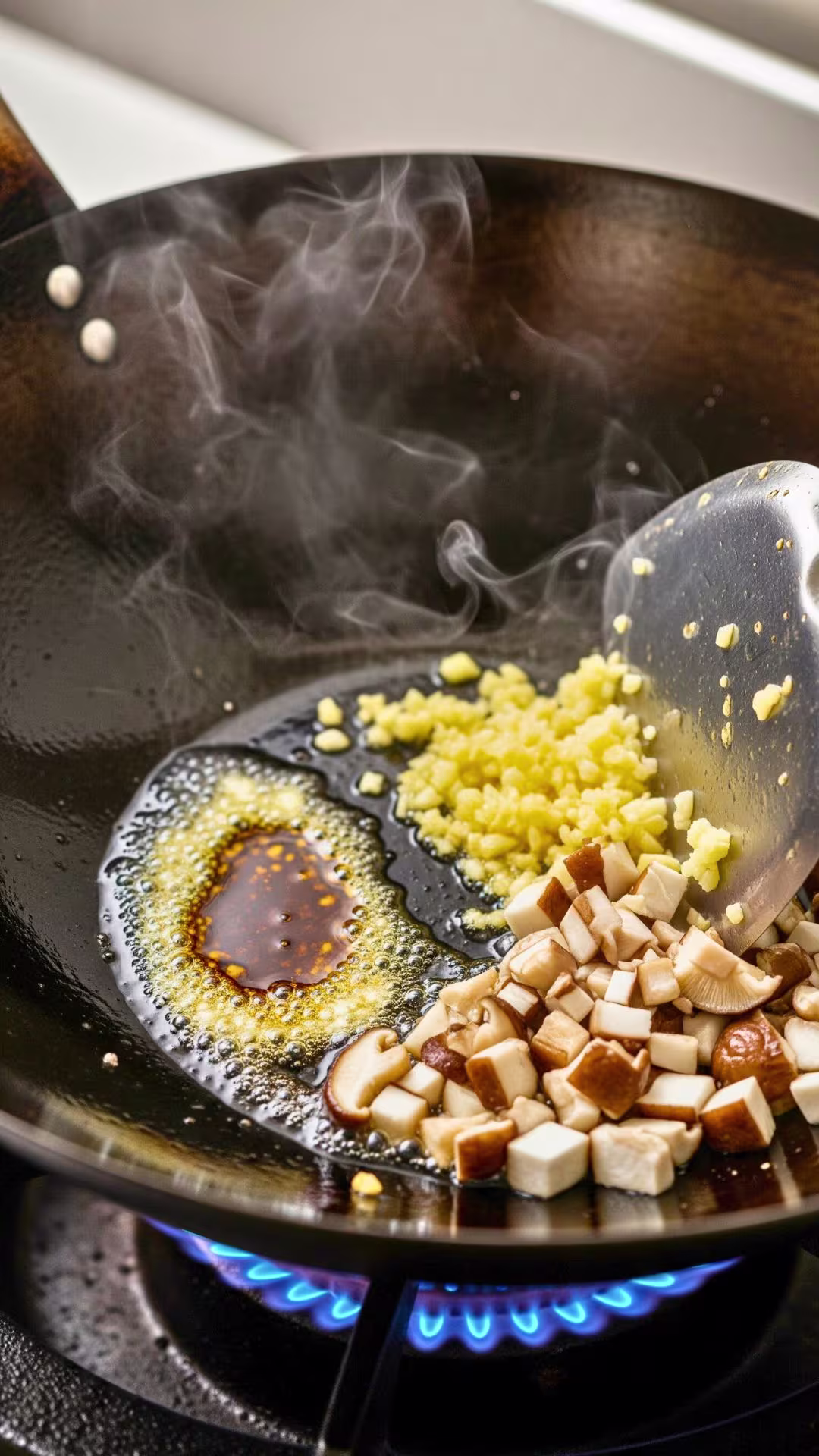 Vegetarian Mapo Tofu Recipe (Vegan-Friendly, Healthy & Authentic Sichuan Flavor) 18 Chopped shiitake mushrooms cooking in wok for vegetarian mapo tofu