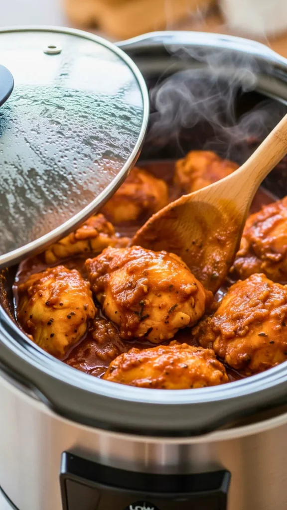 Slow Cooker Chipotle Chicken Sloppy Joes (Easy Crockpot Dinner Recipe) 39 Chicken slow cooking in chipotle sauce