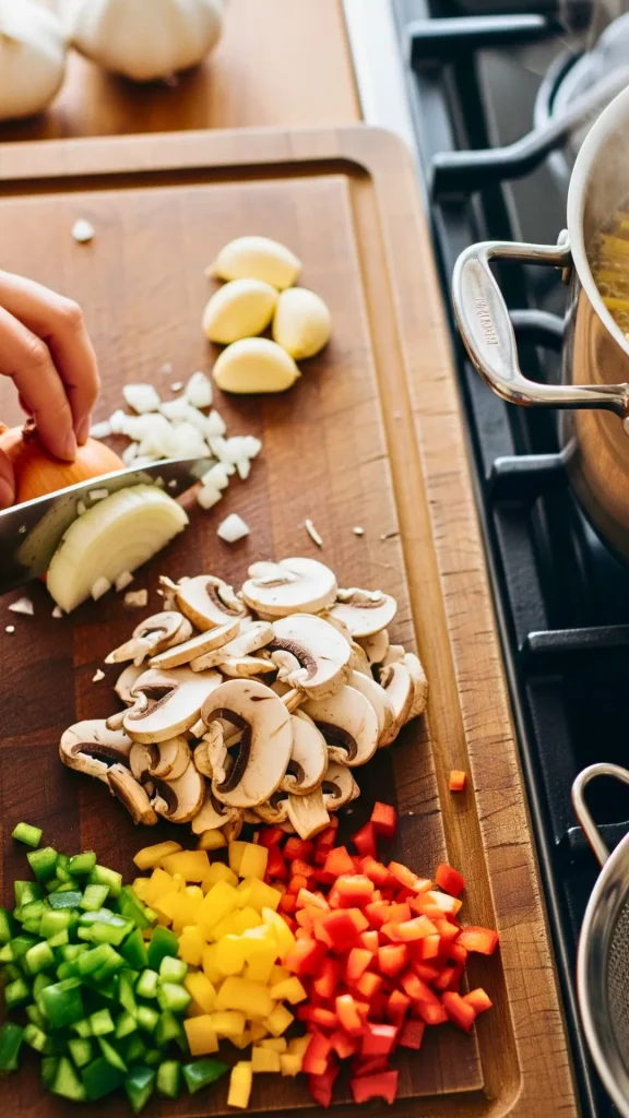 Creamy White Sauce Pasta Without Maida | Healthy & Delicious Recipe 14 Chopped garlic, onions, and veggies for creamy white sauce pasta