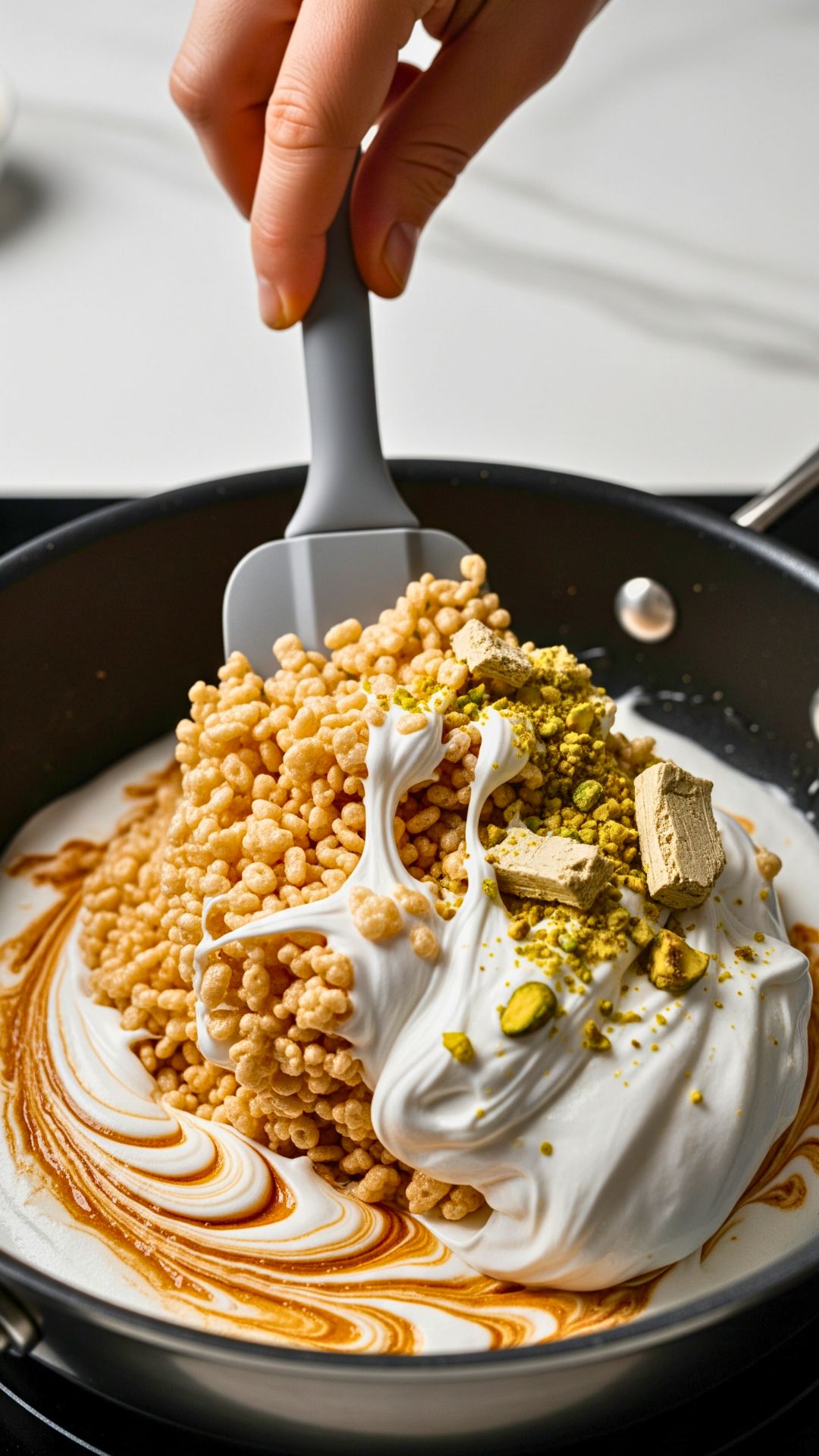 Pistachio Halvah Rice Krispies Treats – Easy No-Bake Dessert Recipe With Middle Eastern Flavors 12 Folding crumbled pistachio halvah and Rice Krispies into marshmallow mix