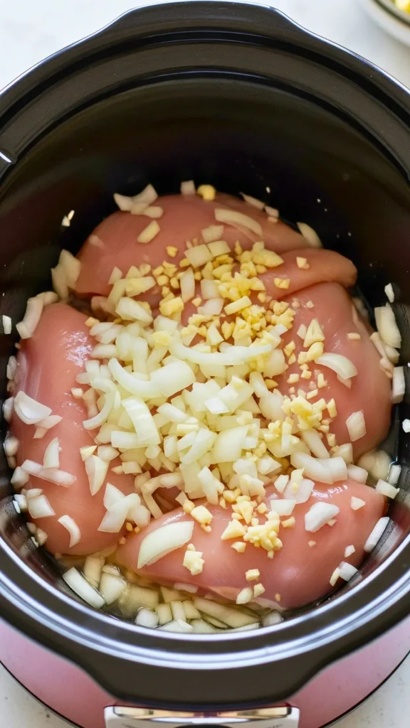 Slow Cooker Chipotle Chicken Sloppy Joes (Easy Crockpot Dinner Recipe) 37 Onion, garlic, and chicken layered in a slow cooker