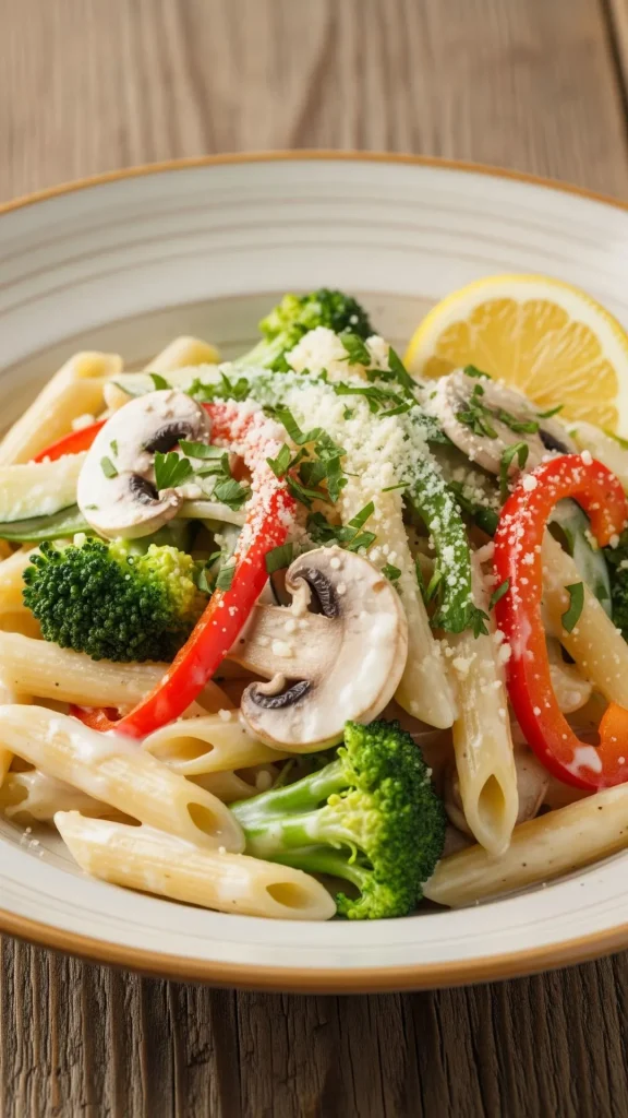Creamy White Sauce Pasta Without Maida | Healthy & Delicious Recipe 18 Plated creamy white sauce pasta garnished with parsley and pepper