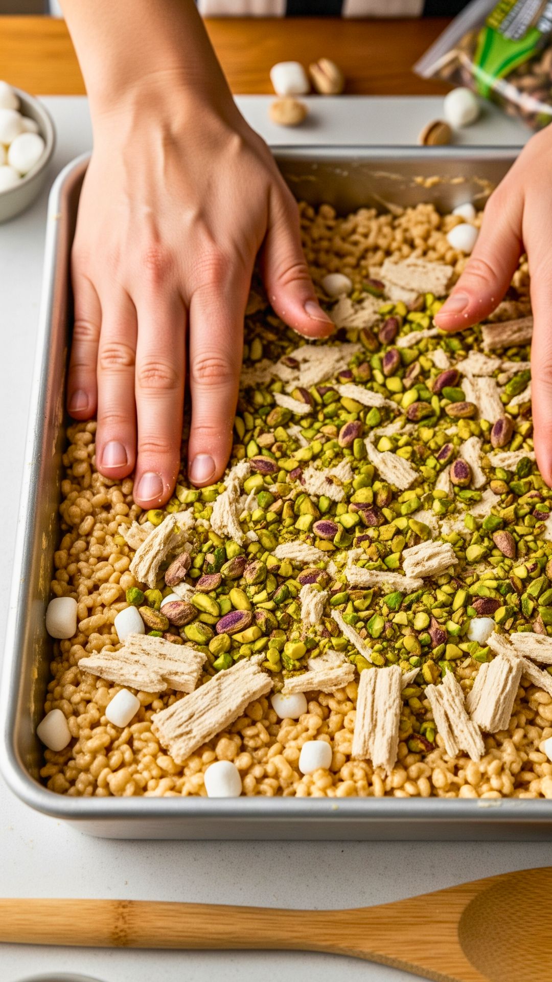 Pistachio Halvah Rice Krispies Treats – Easy No-Bake Dessert Recipe With Middle Eastern Flavors 13 Pressing mixture into pan and topping with chopped pistachios