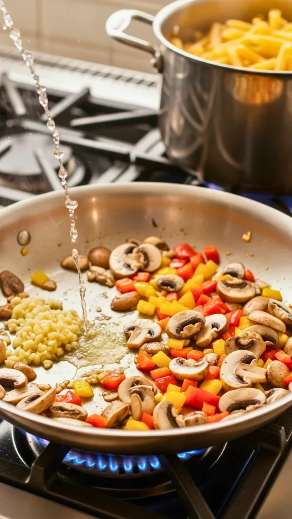 Creamy White Sauce Pasta Without Maida | Healthy & Delicious Recipe 16 Sautéing mushrooms and garlic for pasta