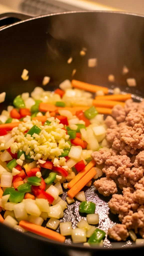 Healthy Turkey Chili Recipe (High Protein, Low Fat & Perfect for Meal Prep) 19 Sautéing onions, garlic and bell peppers in the pot