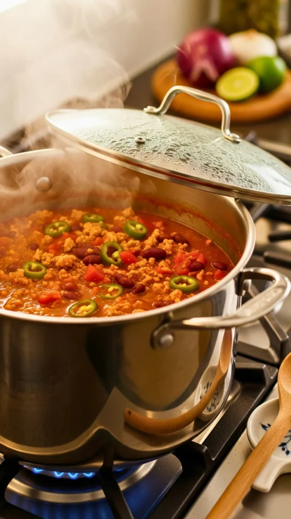 Healthy Turkey Chili Recipe (High Protein, Low Fat & Perfect for Meal Prep) 22 Simmering turkey chili in the pot