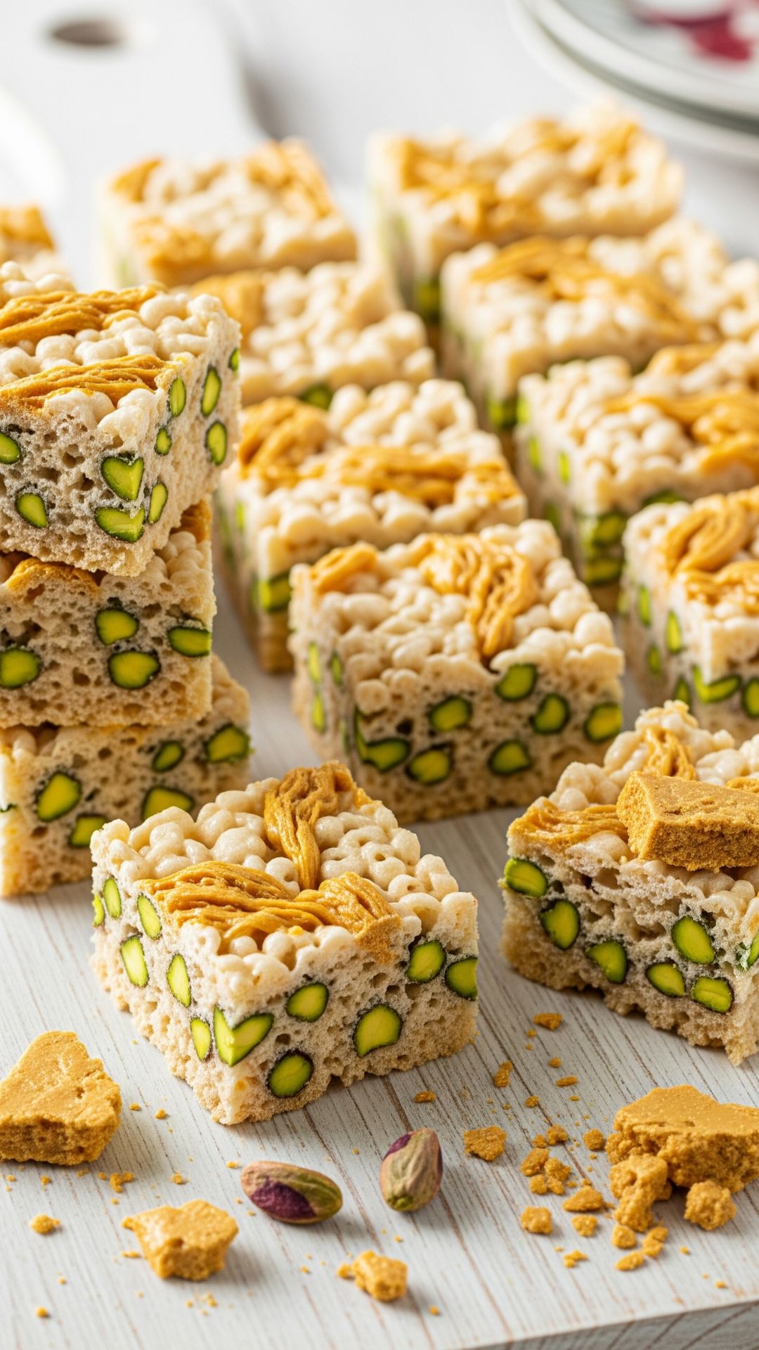 Pistachio Halvah Rice Krispies Treats – Easy No-Bake Dessert Recipe With Middle Eastern Flavors 14 Sliced pistachio halvah rice krispies treats on a plate