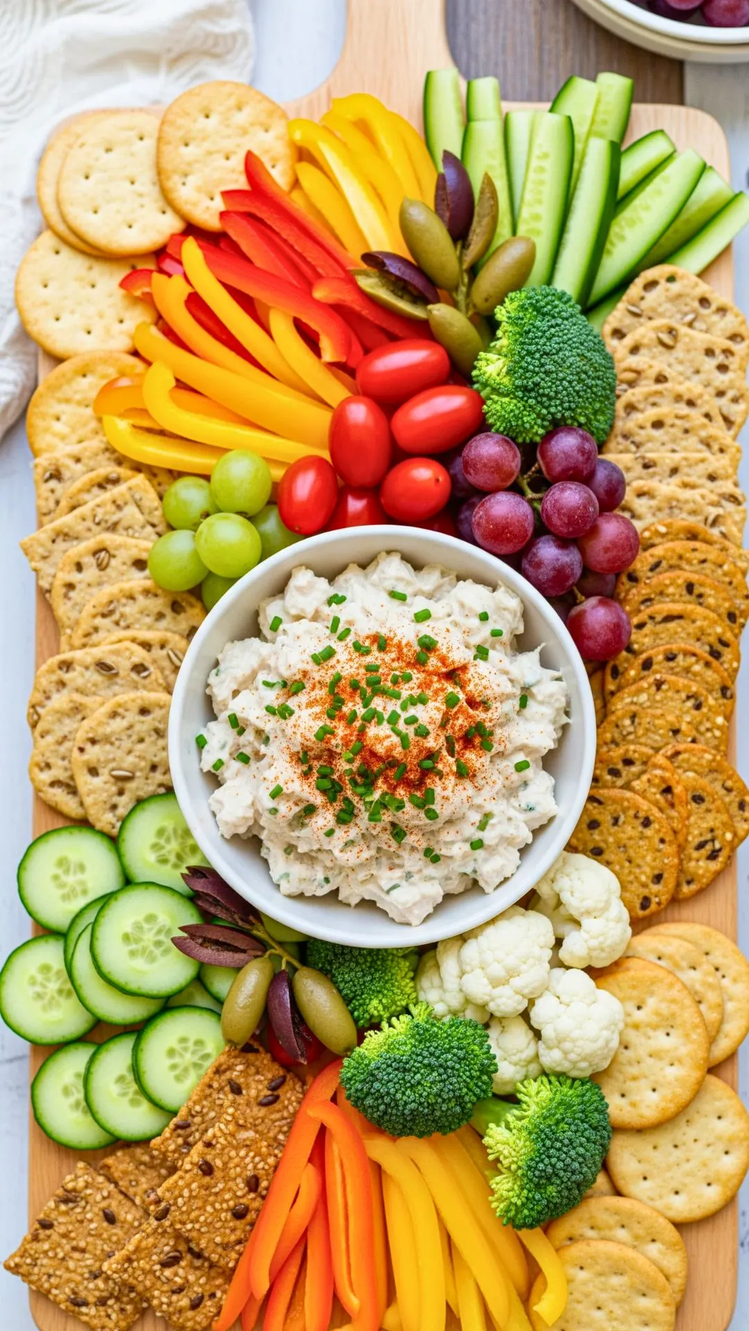 21 Simple Chicken Salad Recipes You’ll Want to Make Again & Again! 61 Snack board with chicken salad, crackers, and veggies