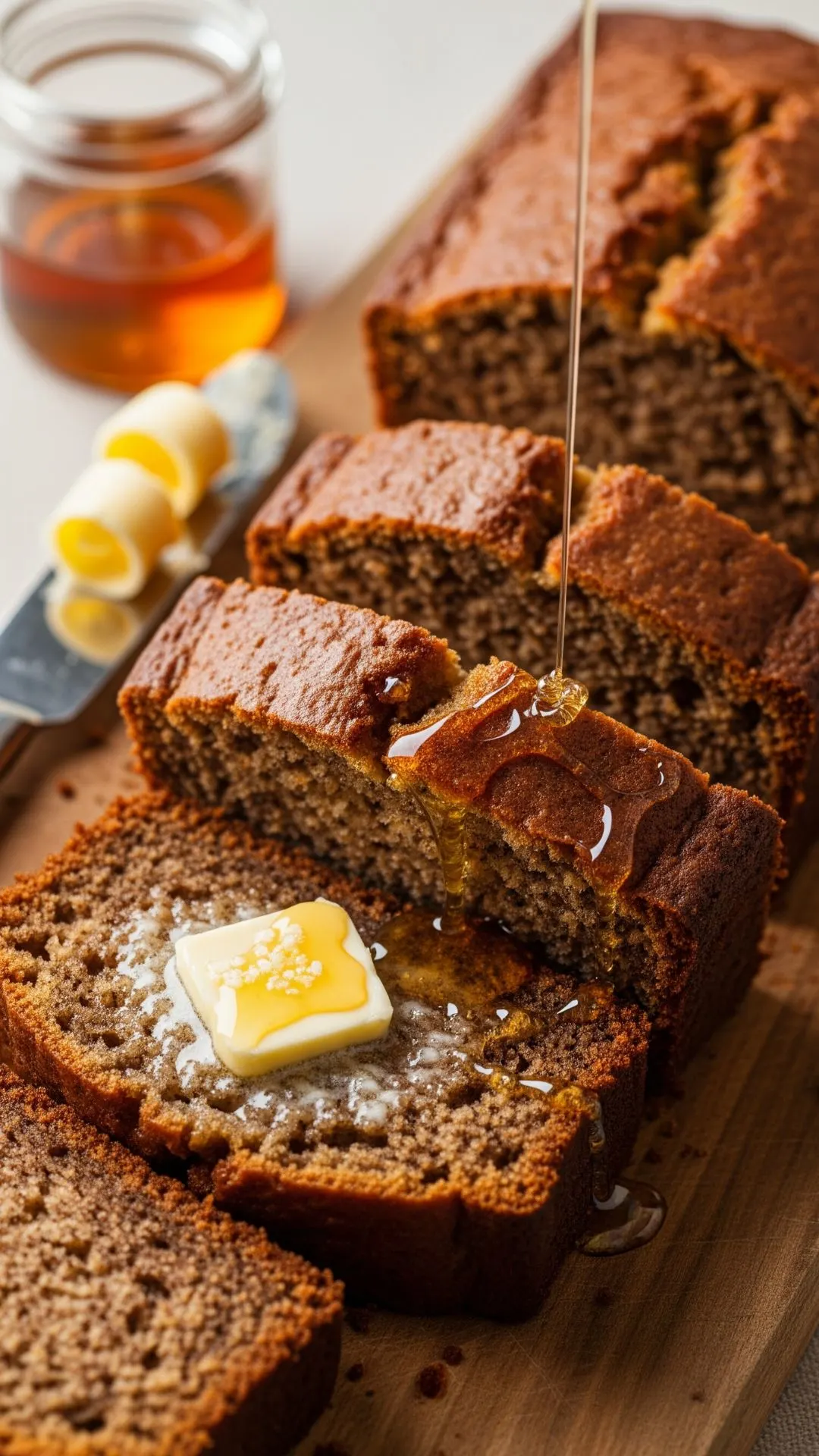 Banana Bread Recipe | Easy, Moist & Healthy Variations (Gluten-Free, Keto, Vegan) 38 Warm banana bread slice with butter and honey