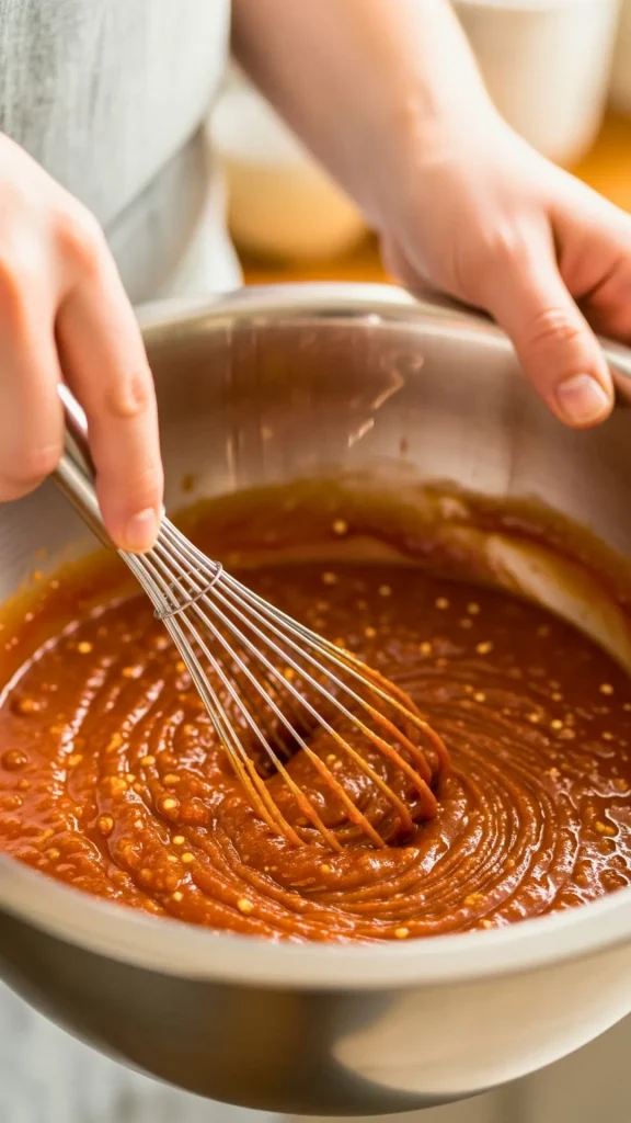 Slow Cooker Chipotle Chicken Sloppy Joes (Easy Crockpot Dinner Recipe) 38 Whisking chipotle sloppy joe sauce in a glass bowl