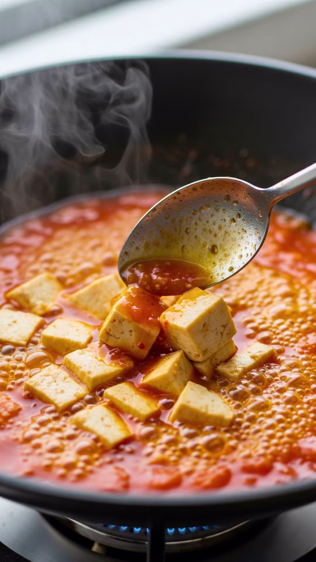 Vegetarian Mapo Tofu Recipe (Vegan-Friendly, Healthy & Authentic Sichuan Flavor) 21 Adding tofu cubes to sauce for vegetarian mapo tofu
