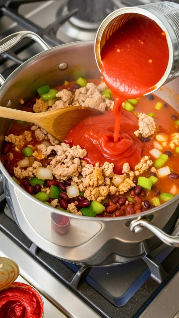 Healthy Turkey Chili Recipe (High Protein, Low Fat & Perfect for Meal Prep) 21 Adding crushed tomatoes, tomato paste and beans