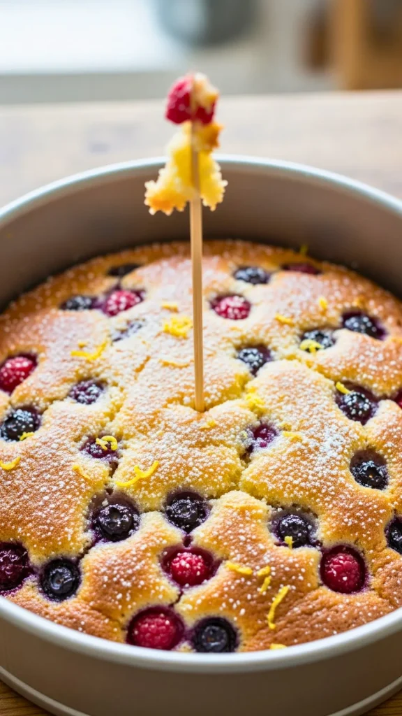 Lemon Berry Cake Recipe (Quick & Easy) | Moist Lemon Berry Dessert for Any Occasion 22 Cake batter in a lined 9-inch pan going into the oven