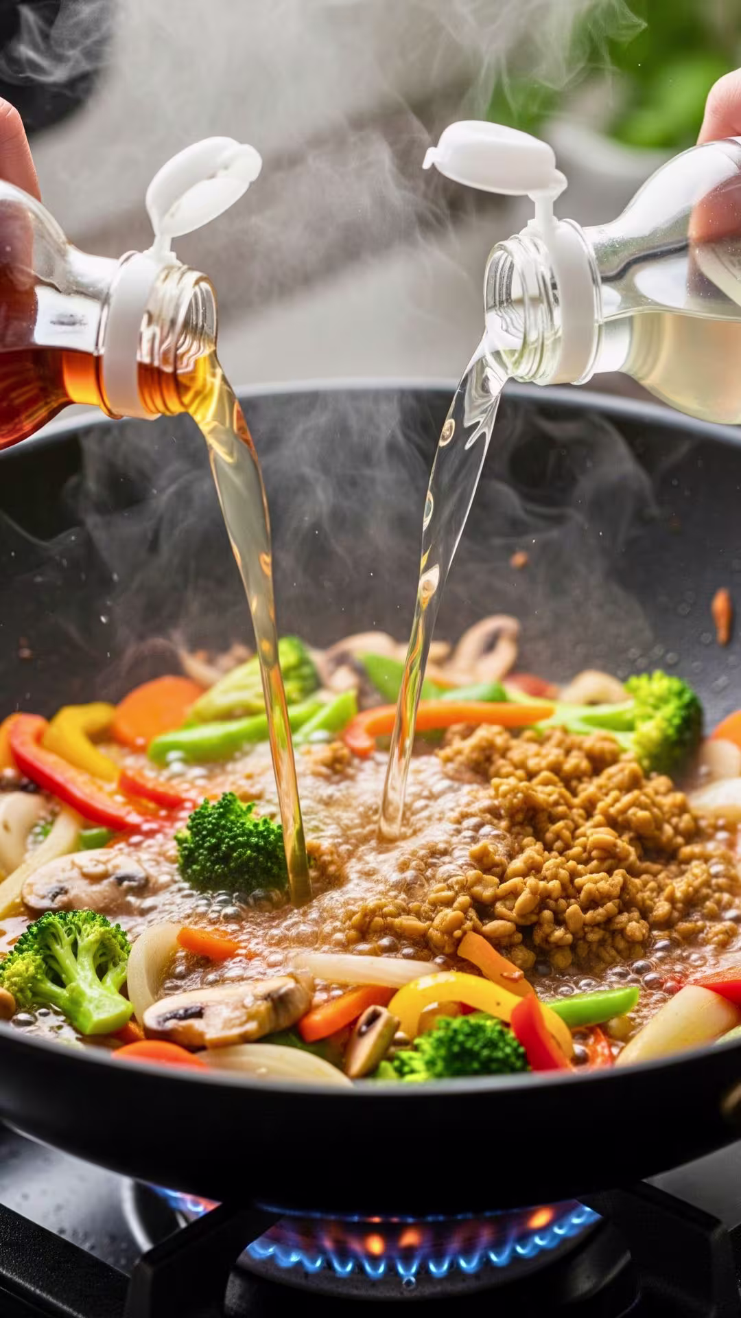 Vegetarian Mapo Tofu Recipe (Vegan-Friendly, Healthy & Authentic Sichuan Flavor) 20 Vegetable broth added to wok for vegetarian mapo tofu