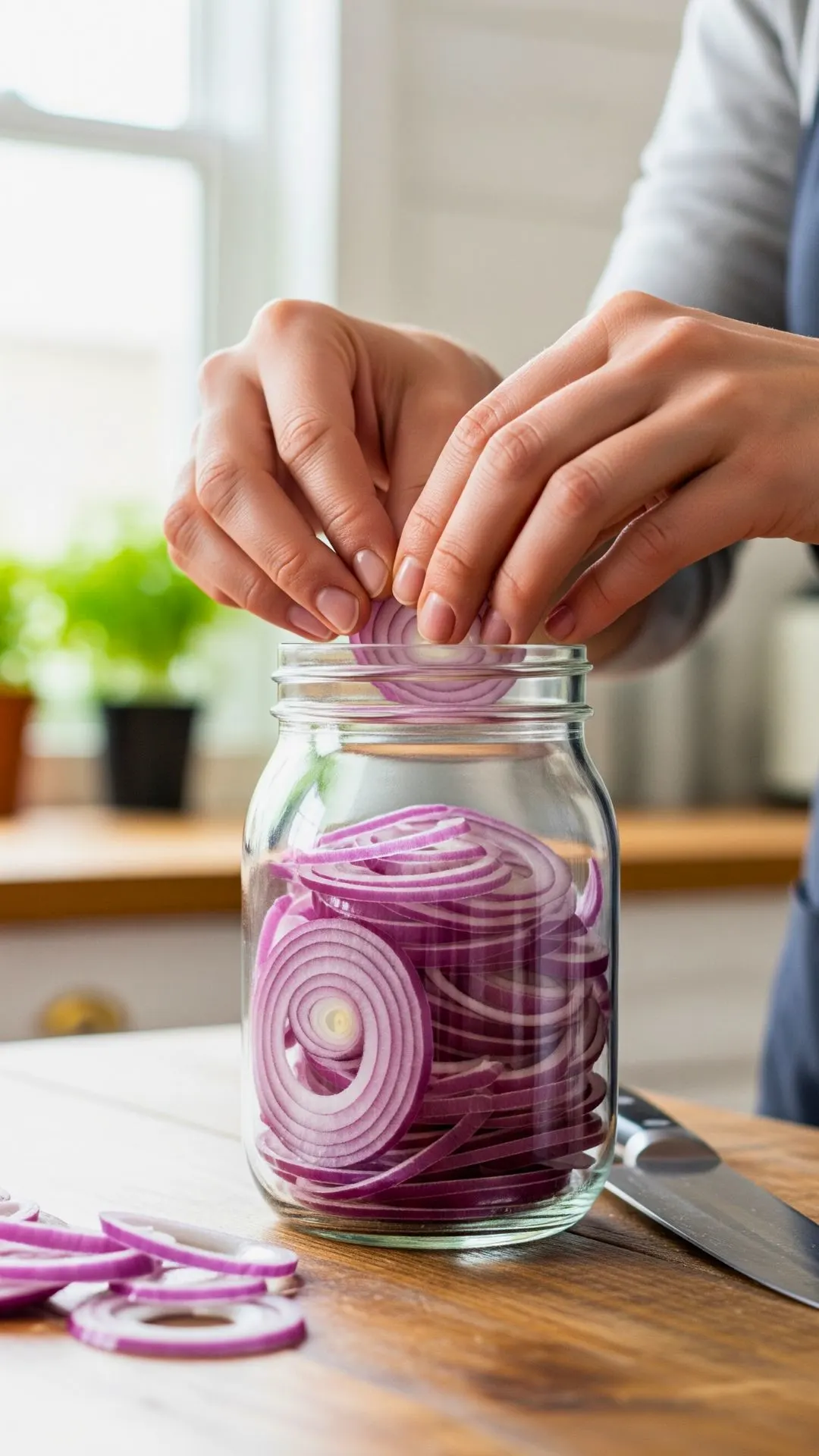 Quick Pickled Red Onion Recipe | 10-Minute Healthy Meal Prep Condiment 19 Packing red onions into a glass jar for refrigerator pickling — pickled red onion meal prep