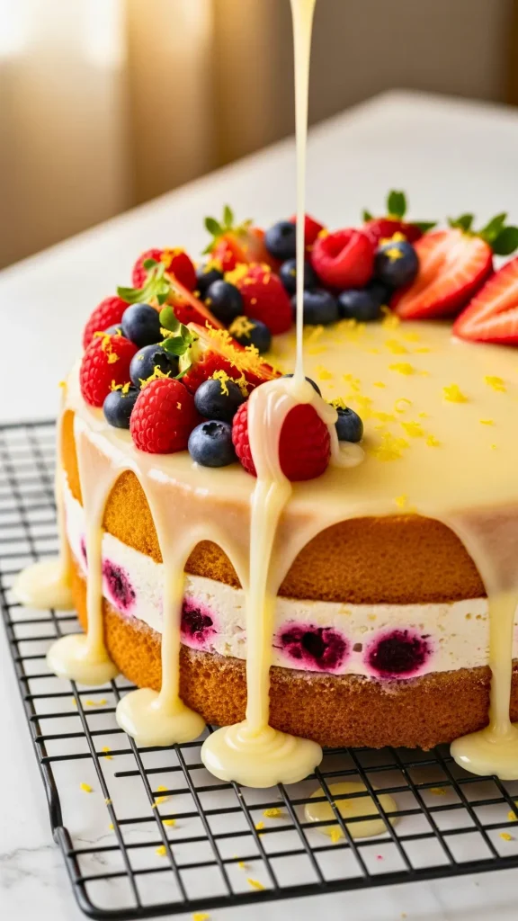 Lemon Berry Cake Recipe (Quick & Easy) | Moist Lemon Berry Dessert for Any Occasion 24 Drizzling lemon glaze over the LemonBerry Cake and garnishing with fresh berries