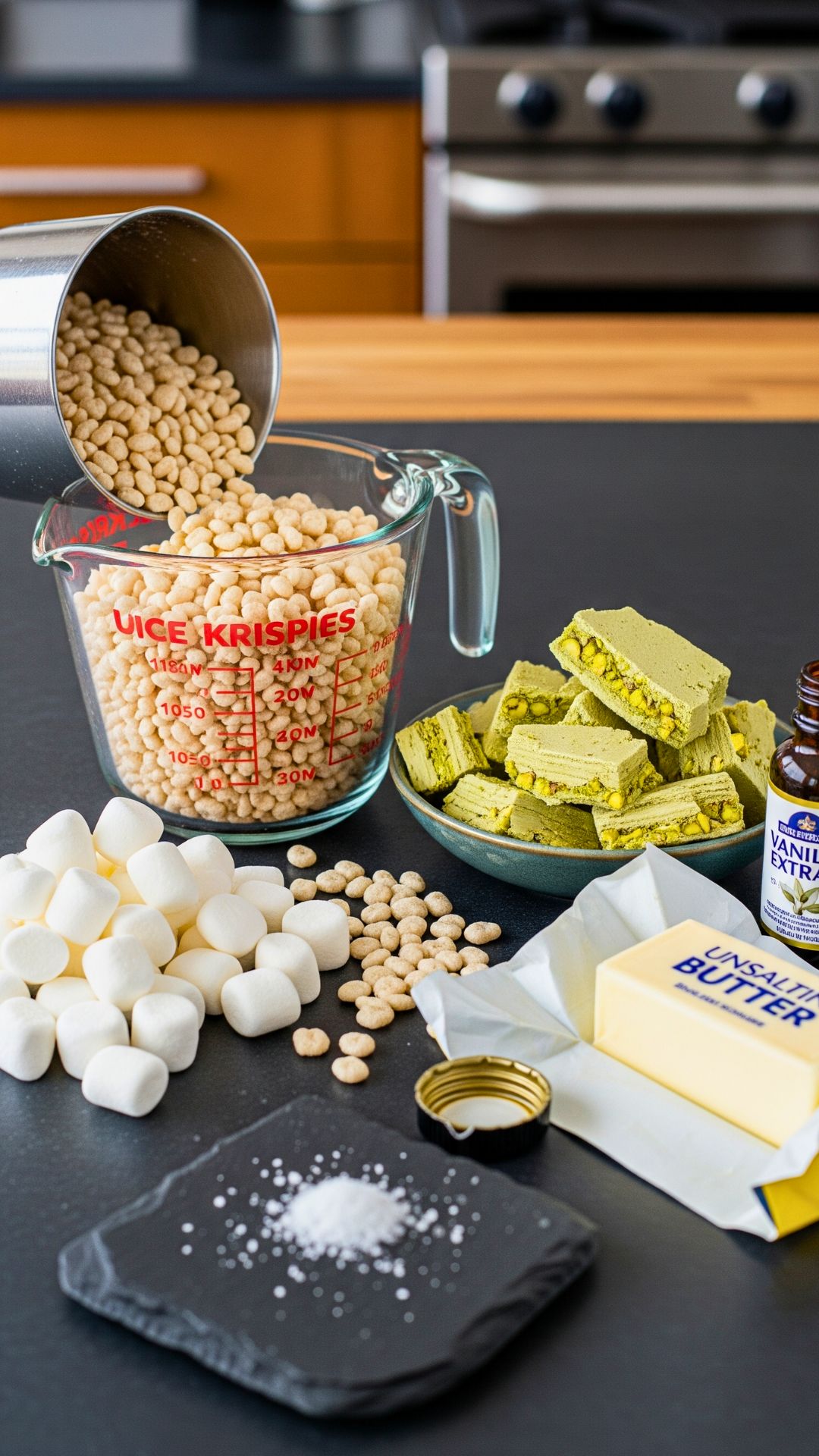 Pistachio Halvah Rice Krispies Treats – Easy No-Bake Dessert Recipe With Middle Eastern Flavors 10 Measured ingredients for pistachio halvah rice krispies treats