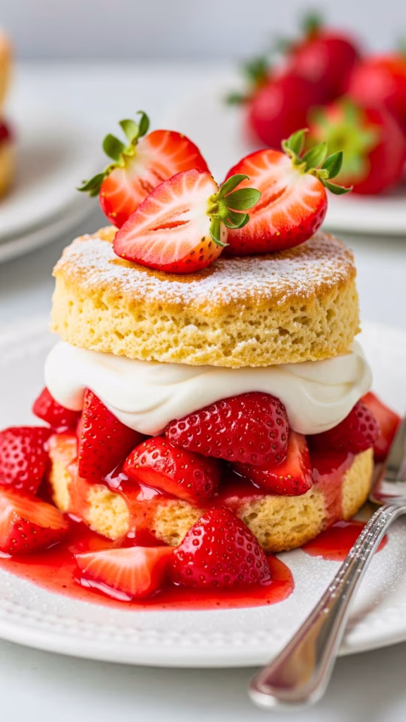 Best Homemade Strawberry Shortcake Recipe | Easy Classic Summer Dessert 26 Assembling strawberry shortcake: bottom half, strawberries, whipped cream, top half - final assembly step