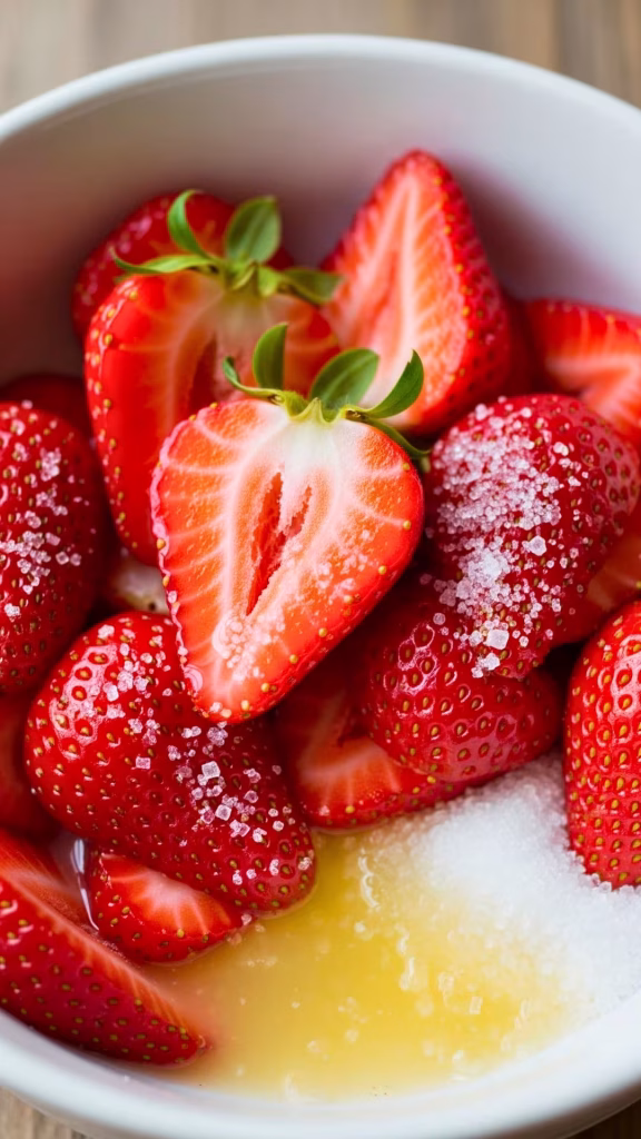 Best Homemade Strawberry Shortcake Recipe | Easy Classic Summer Dessert 21 Bowl of sliced strawberries macerating with sugar and lemon - best strawberry shortcake ingredient step