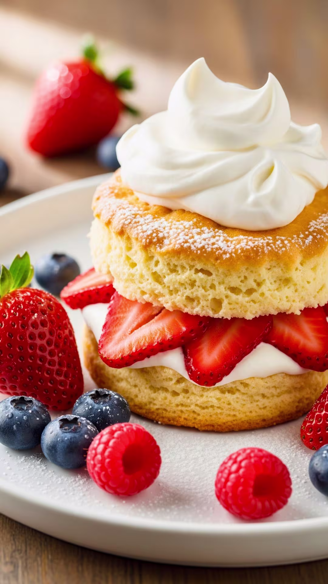 Best Homemade Strawberry Shortcake Recipe | Easy Classic Summer Dessert 27 Plated strawberry shortcake with whipped cream and fresh berries