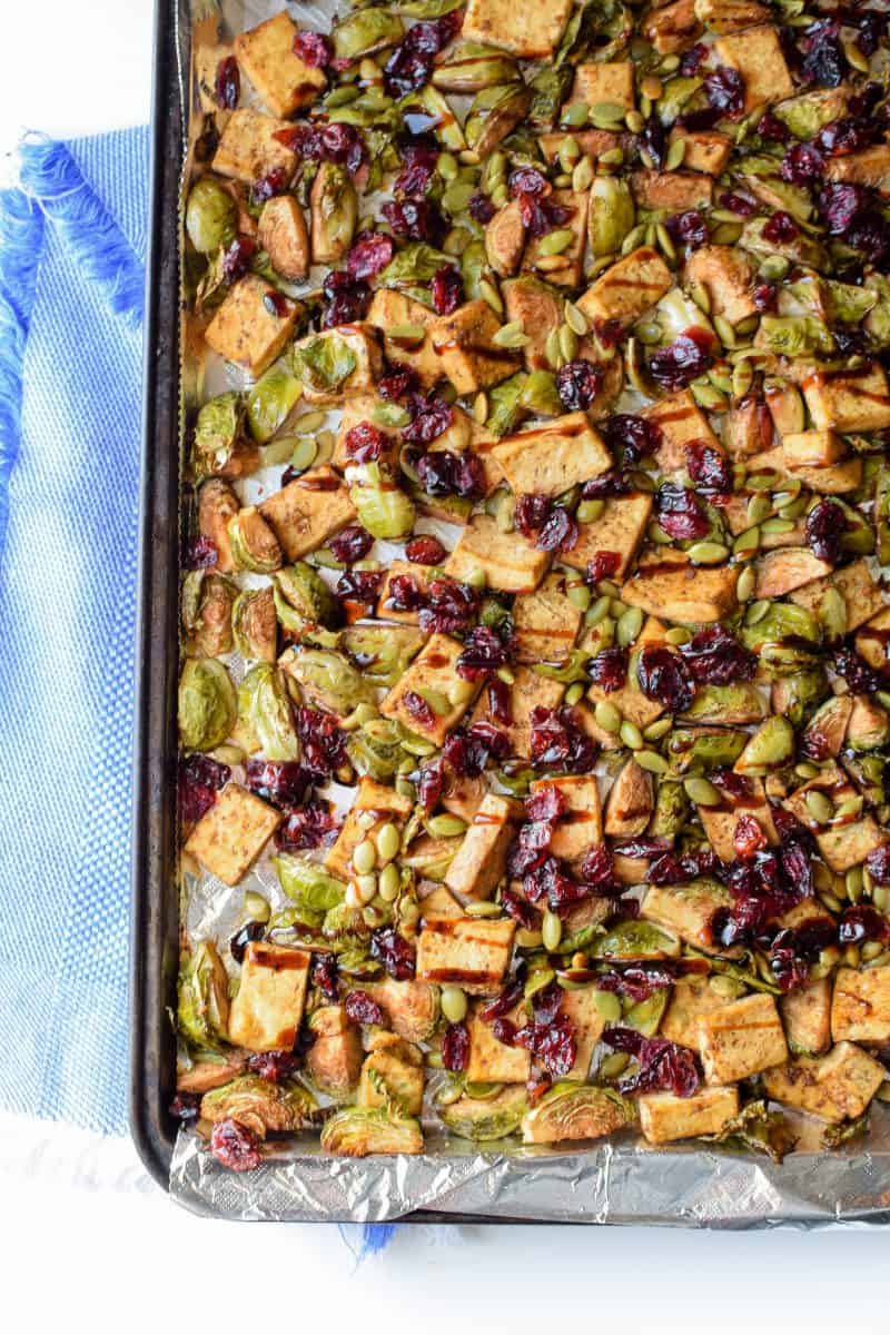 Sheet Pan Garlic Tofu And Brussels Sprouts