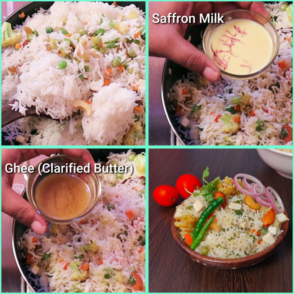 Add saffron milk, clarified butter, salt and sugar to complete the vegetable rice