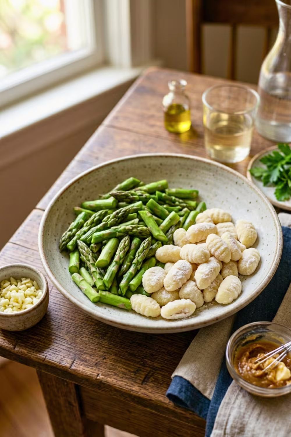 ingredients for skillet gnocchi with asparagus and miso butter