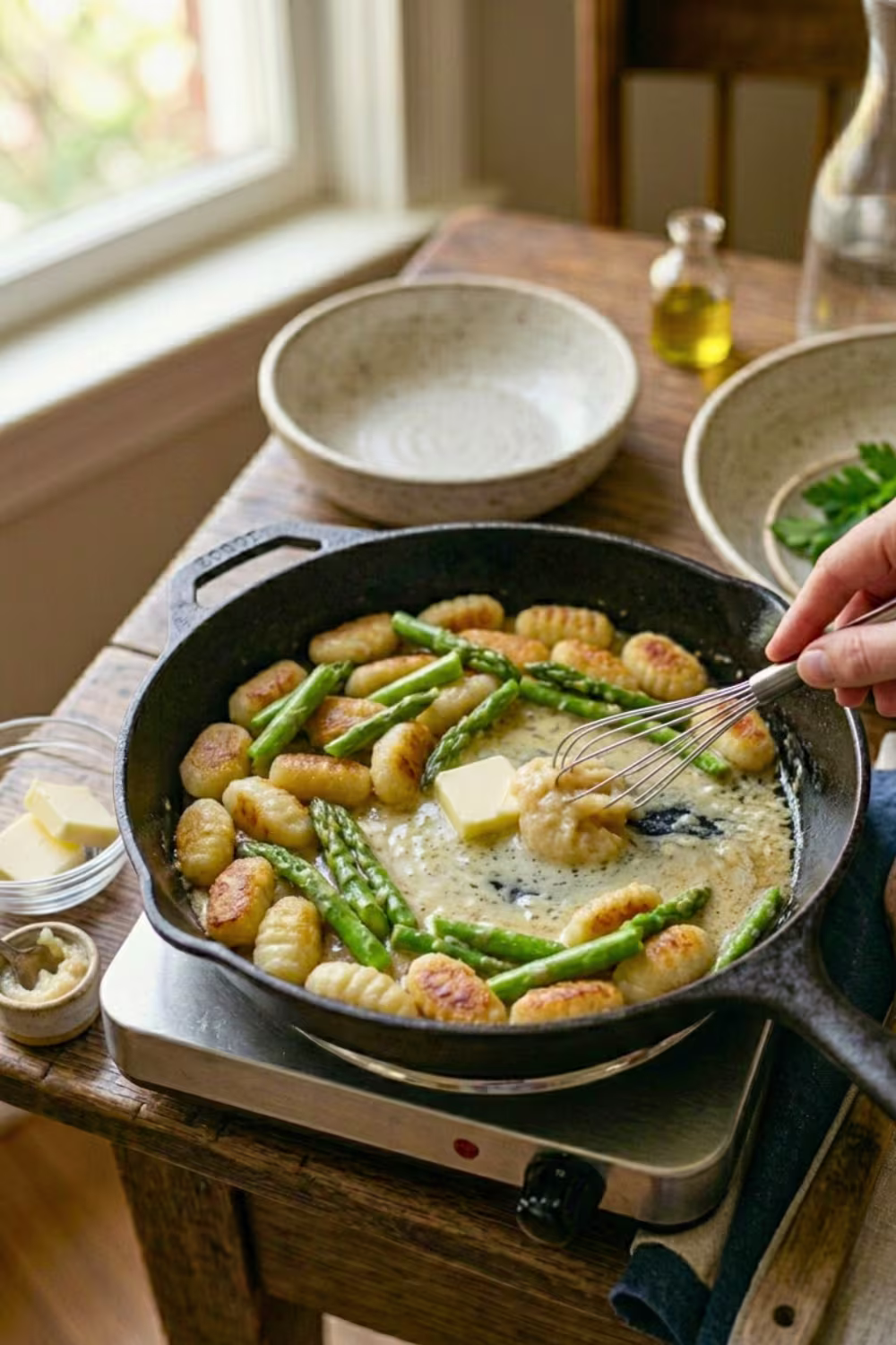 final skillet gnocchi with miso butter and asparagus plated
