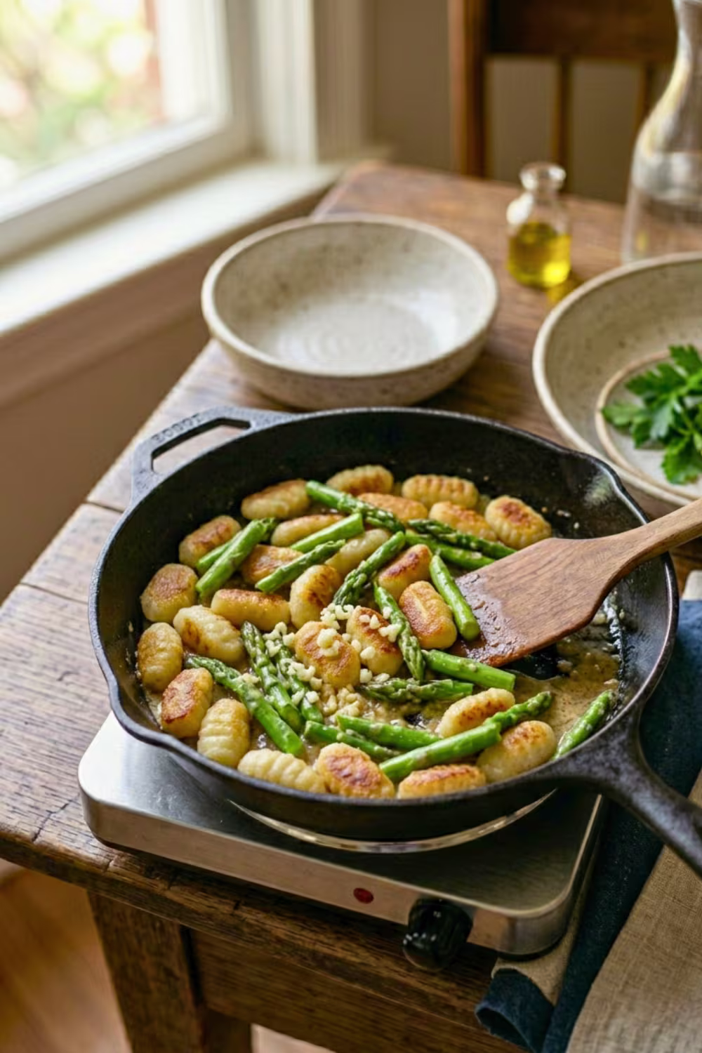 sauteed asparagus and garlic in skillet