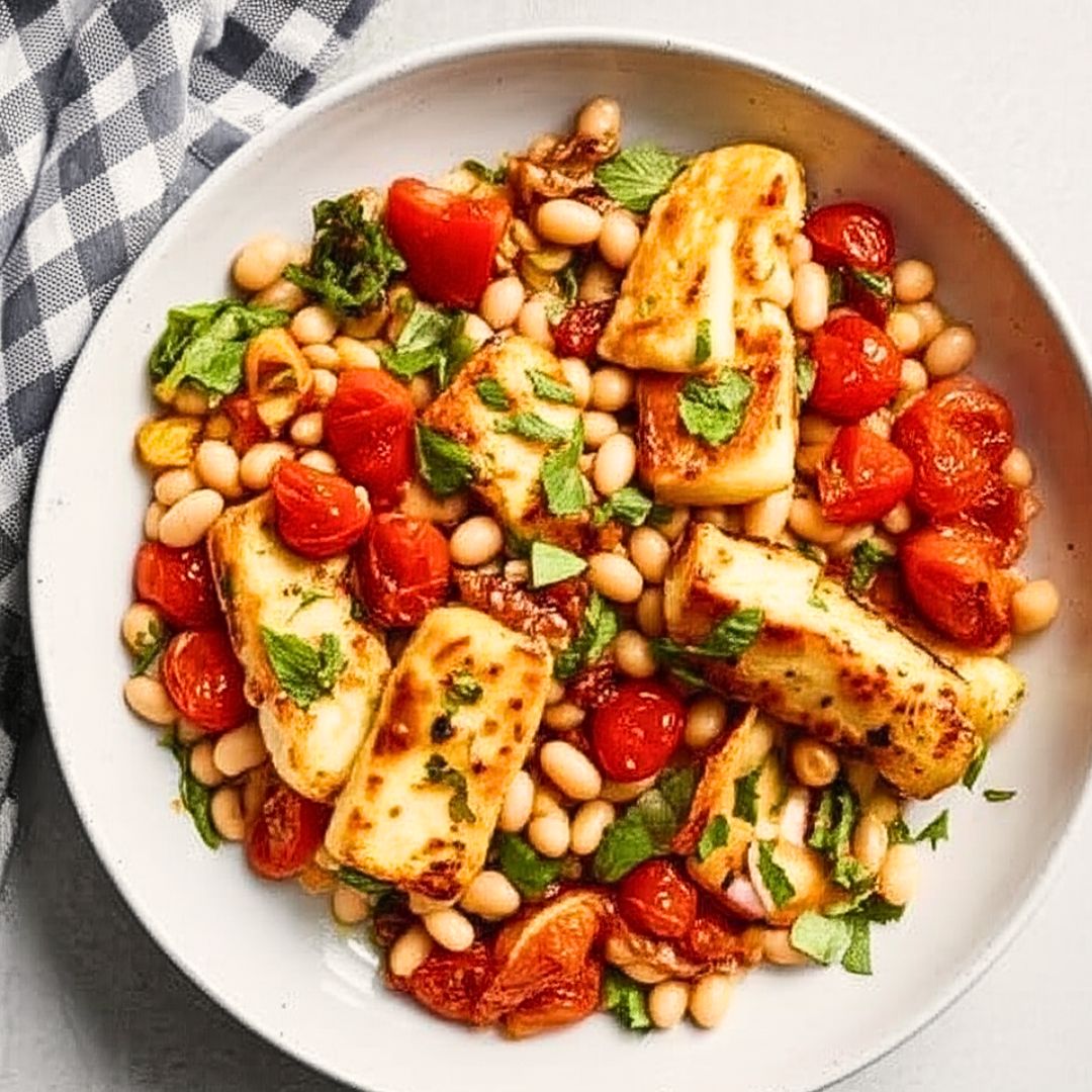 Crispy Halloumi With Tomatoes and White Beans (Easy Mediterranean Dinner)