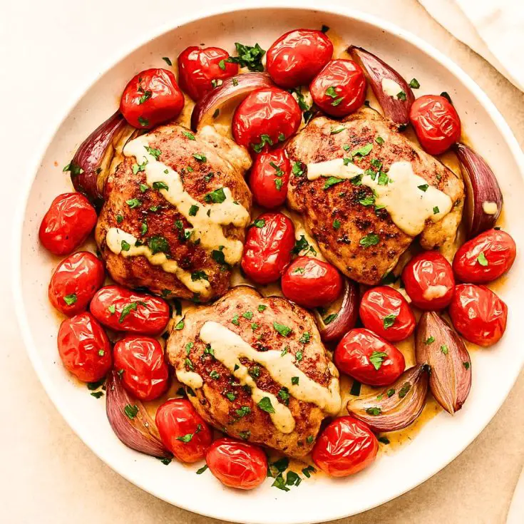 Sheet Pan Chicken and Tomatoes With Balsamic Tahini