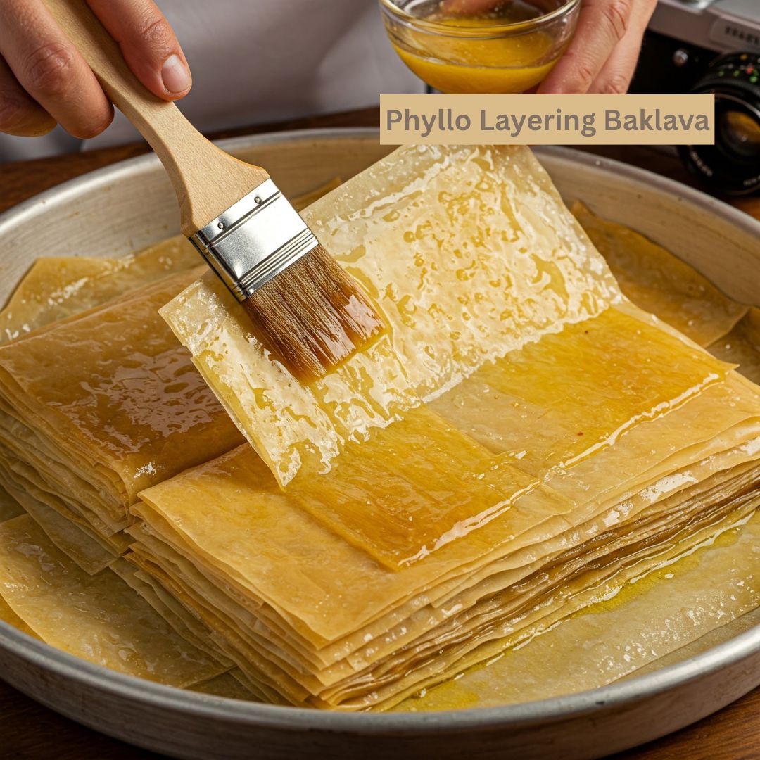 Layering phyllo sheets with butter for baklava