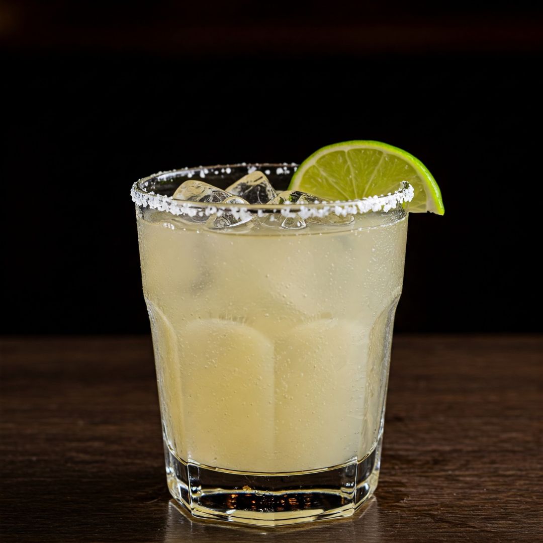 Straining margarita into a salted glass with lime garnish