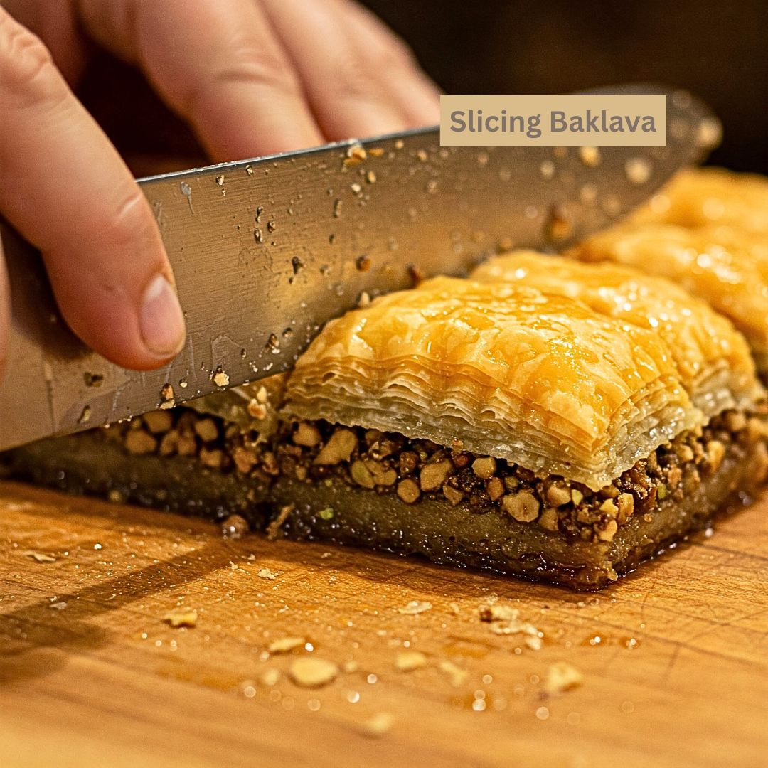 Slicing traditional baklava before baking