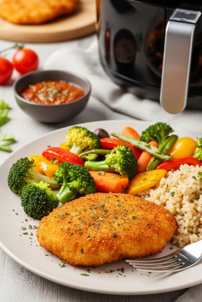 Air-fried chicken cutlets in air fryer basket