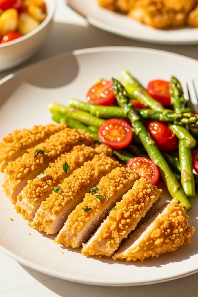 Oven-baked healthy chicken cutlets on tray